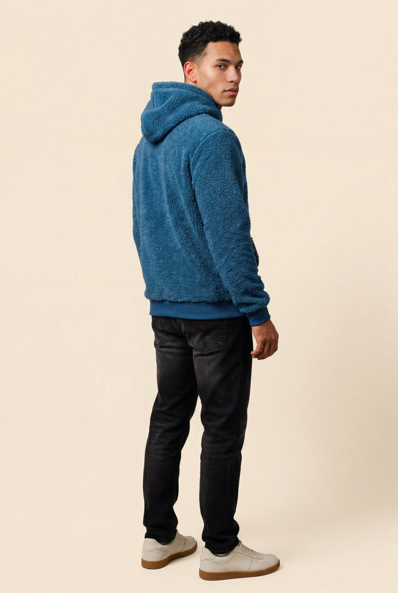 Blue Plush Relaxed Fit Hoodie with Kangaroo Pocket - Photo 3