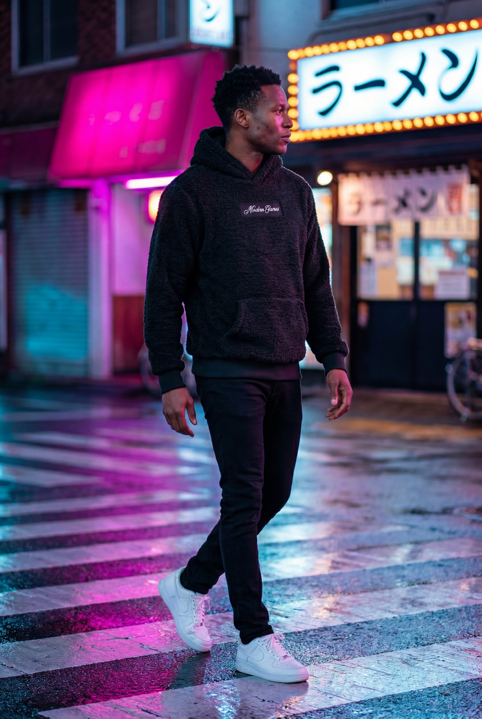 Black Plush Relaxed Fit Hoodie with Kangaroo Pocket - Photo 6