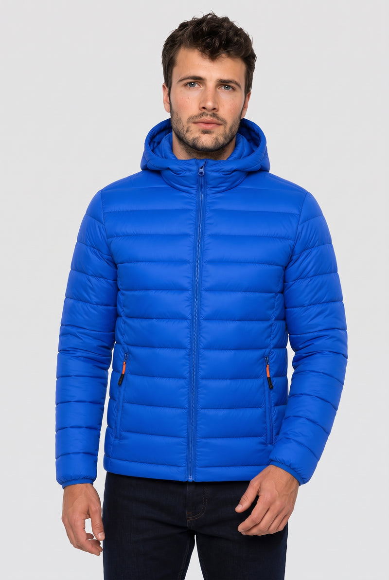 Polyester Hooded Puffer Jacket in Blue — studio front