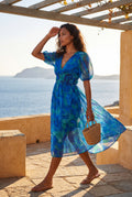 Blue Puff Sleeve V-neck Midi Dress with Elastic Waist - Dresses - Photo 13