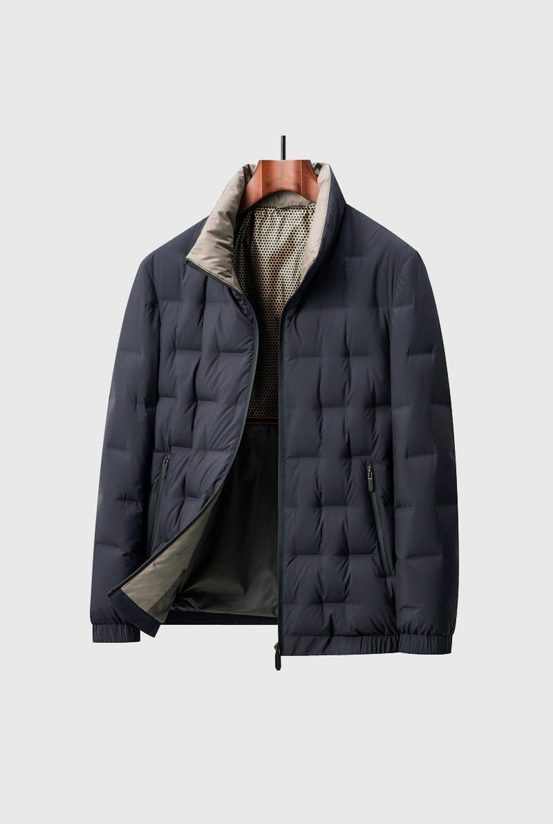 Quilted Down Puffer Jacket in Blue — front view