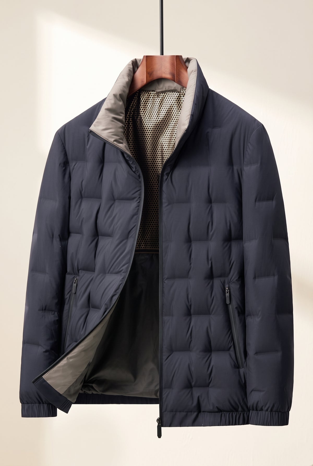 Quilted Hip-Length Puffer Jacket in Blue — studio front