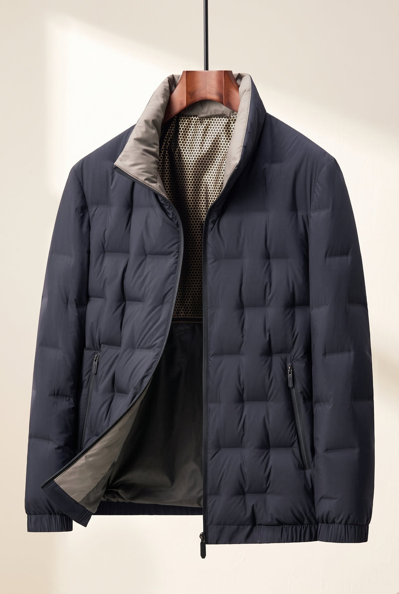 Quilted Hip-Length Puffer Jacket in Blue — studio front