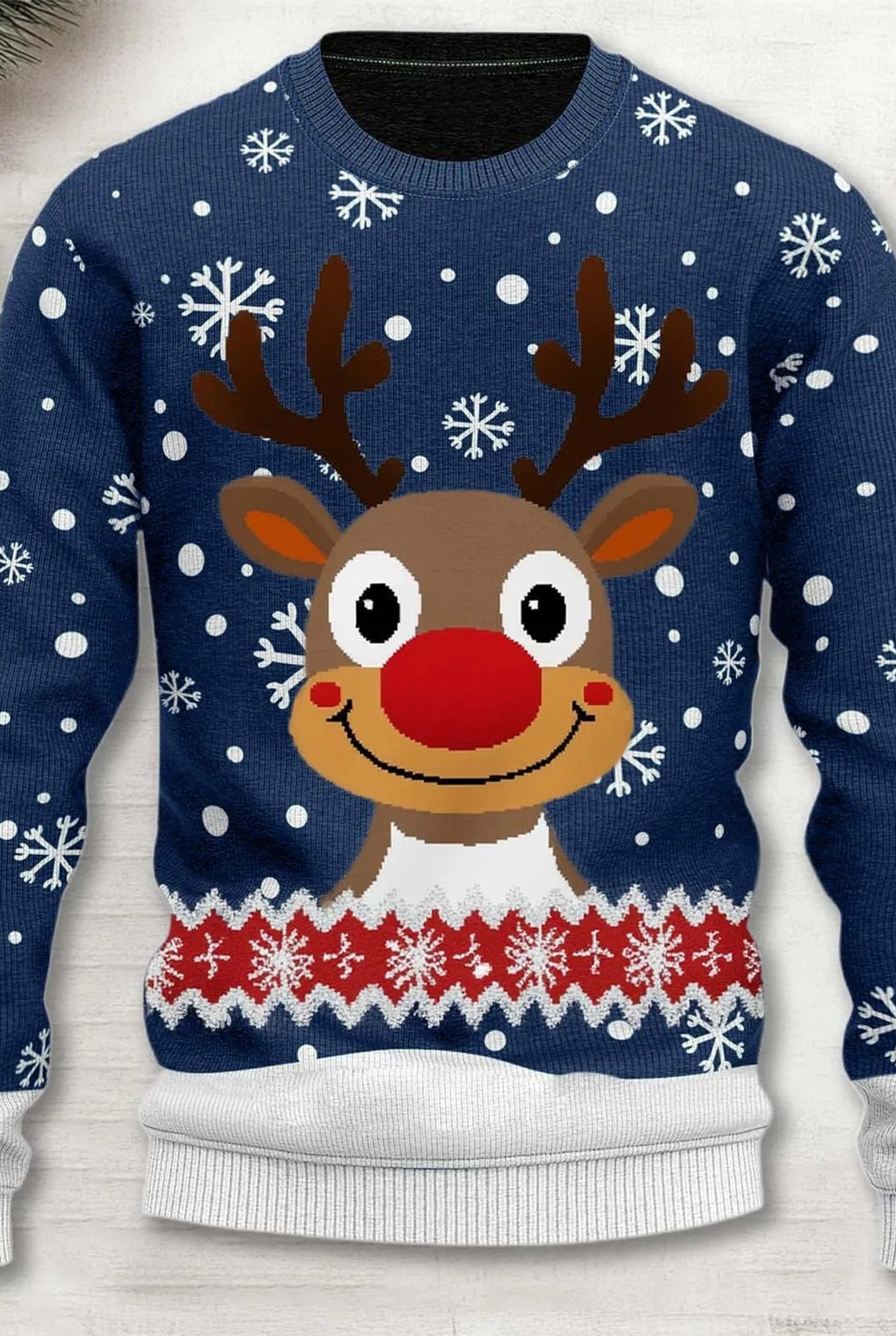 Festive Knit Sweater in Blue-Red — front view
