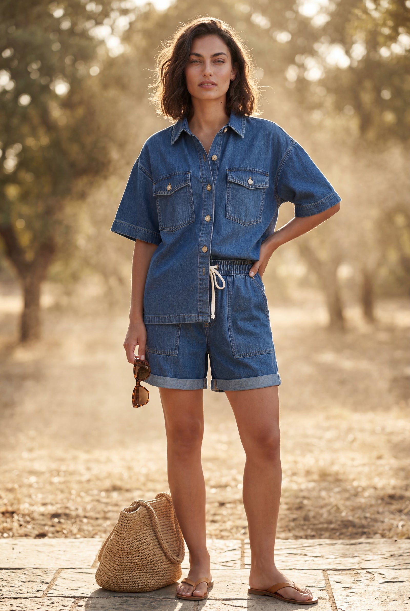Blue Relaxed Fit Shirt and Shorts Set with Tie Waist - Denim set - Photo 6