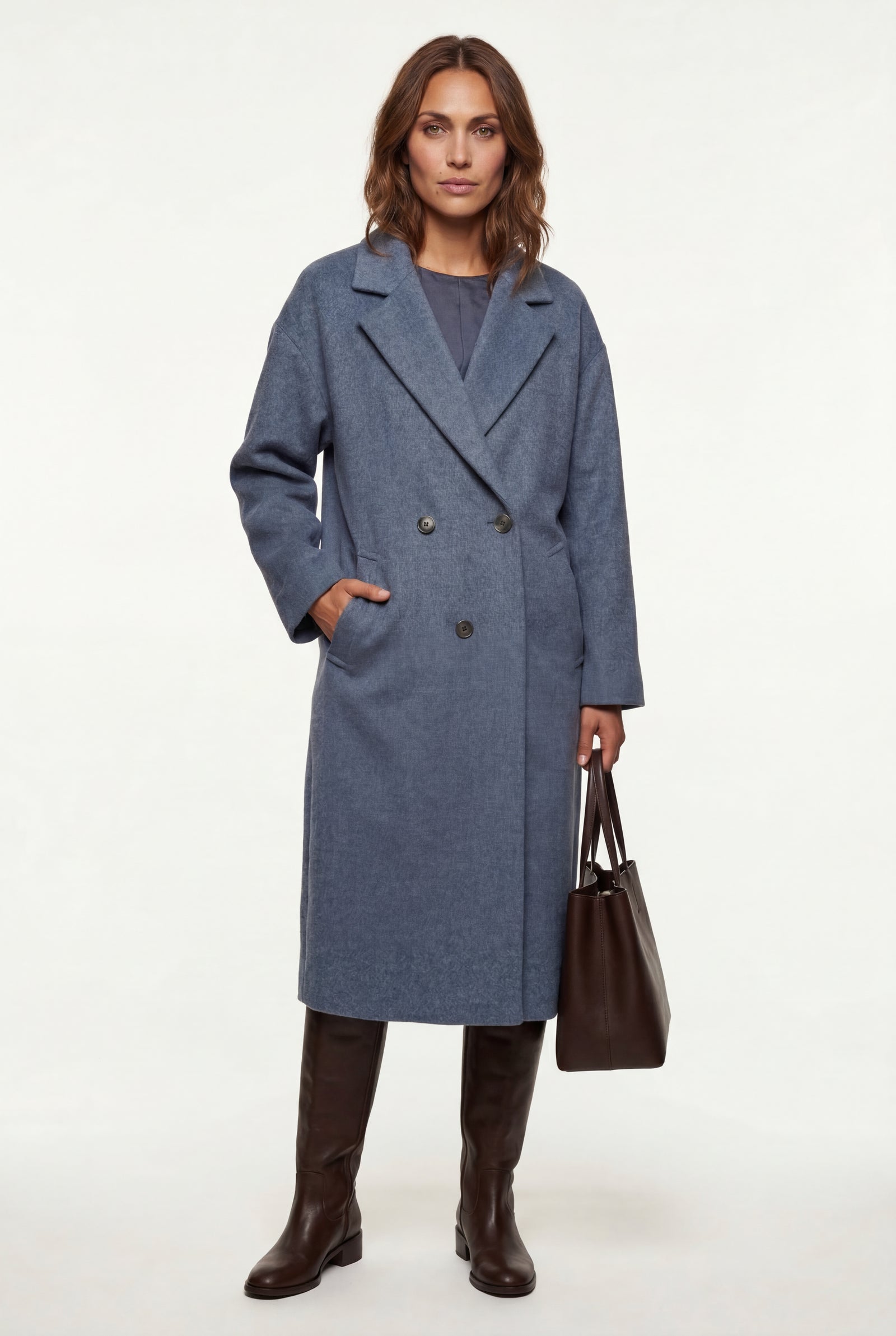 Blue Relaxed Straight Double-breasted Long Winter Coat - Long wool coats - Photo 14