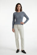Blue Ribbed Fitted Crew Neck Long Sleeve Top - Fitted tops - Photo 6