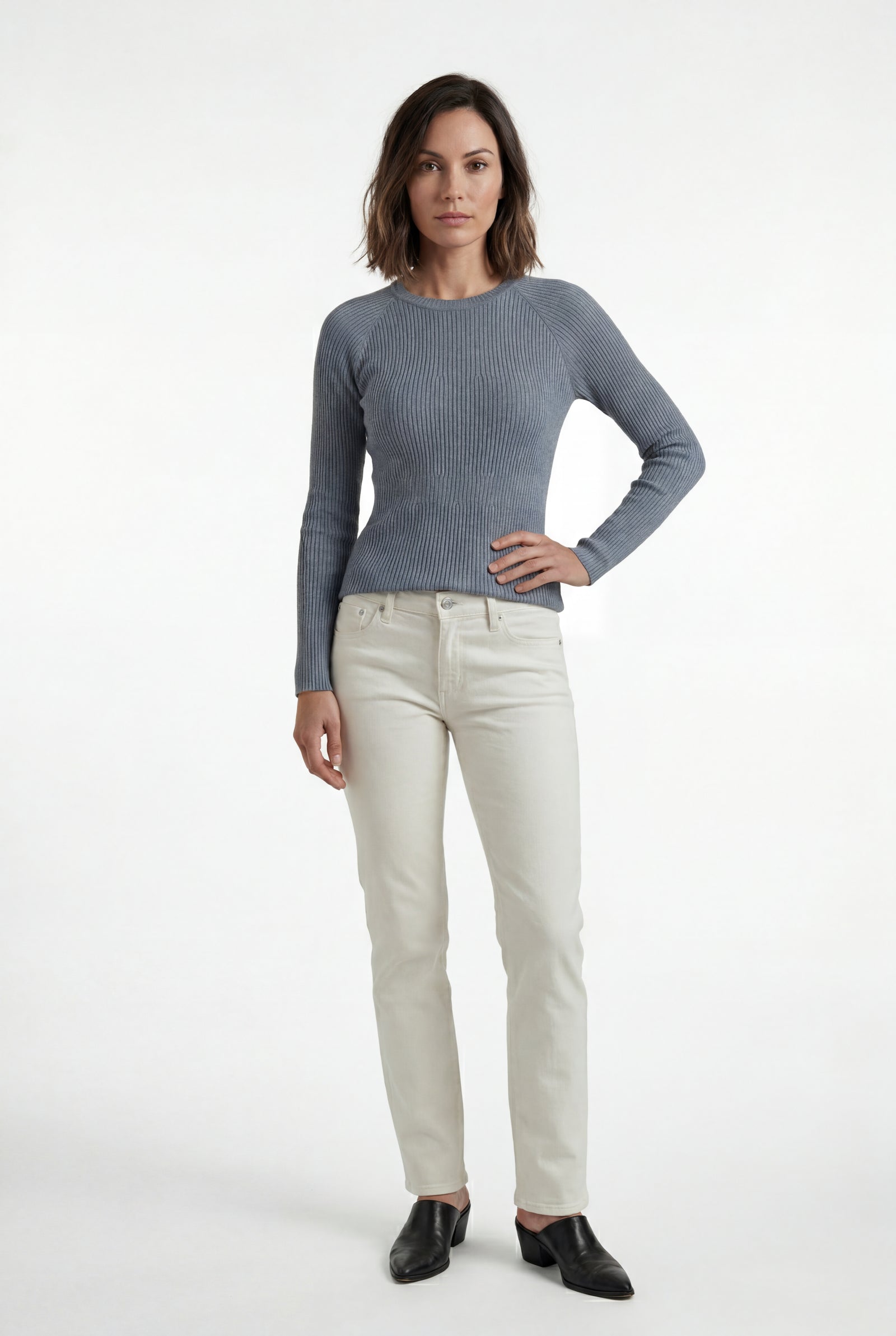 Blue Ribbed Fitted Crew Neck Long Sleeve Top - Fitted tops - Photo 6