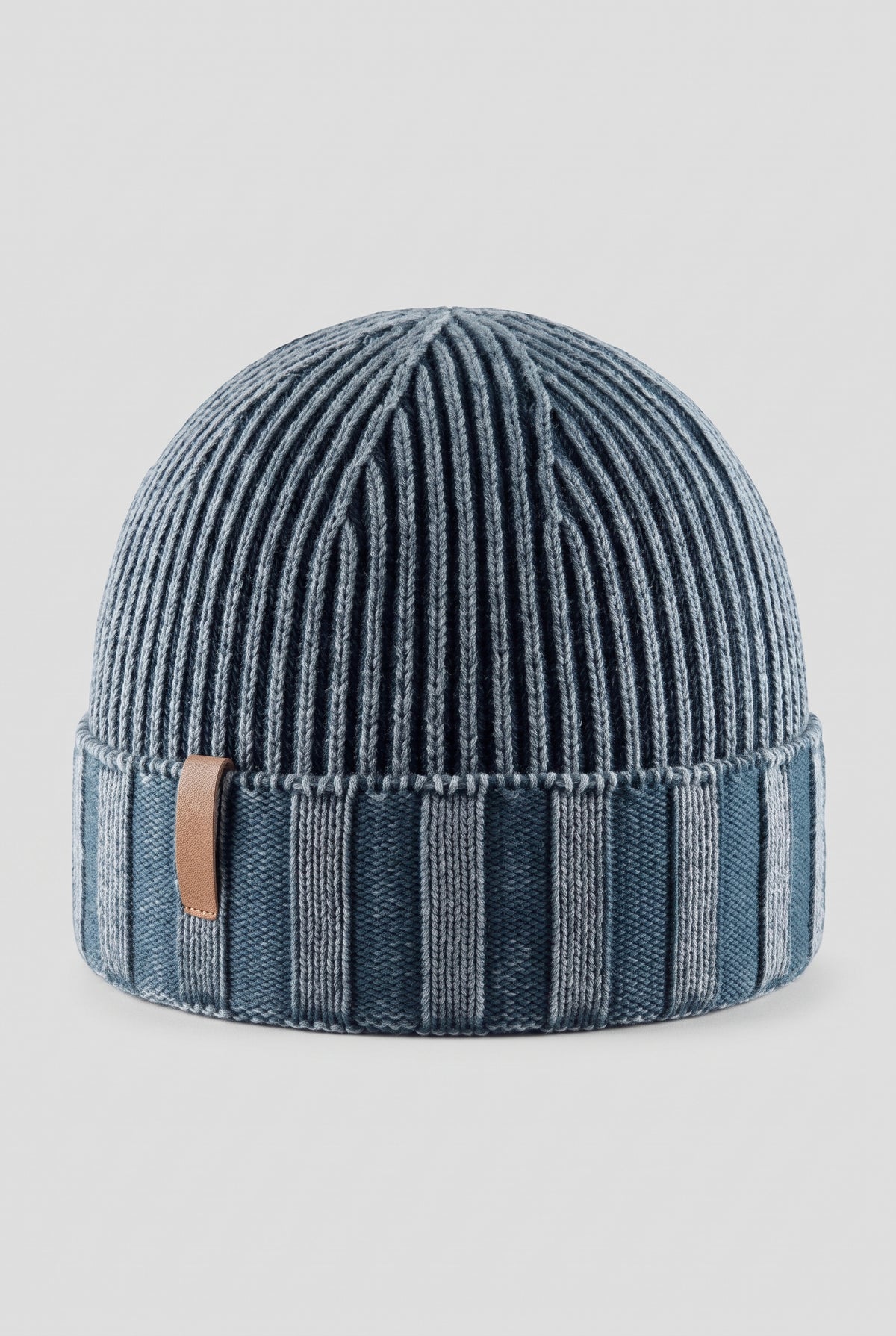 Ribbed Knit Beanie in Blue — studio front
