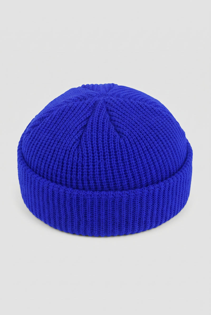 Ribbed Knit Dome Beanie in Blue — studio front