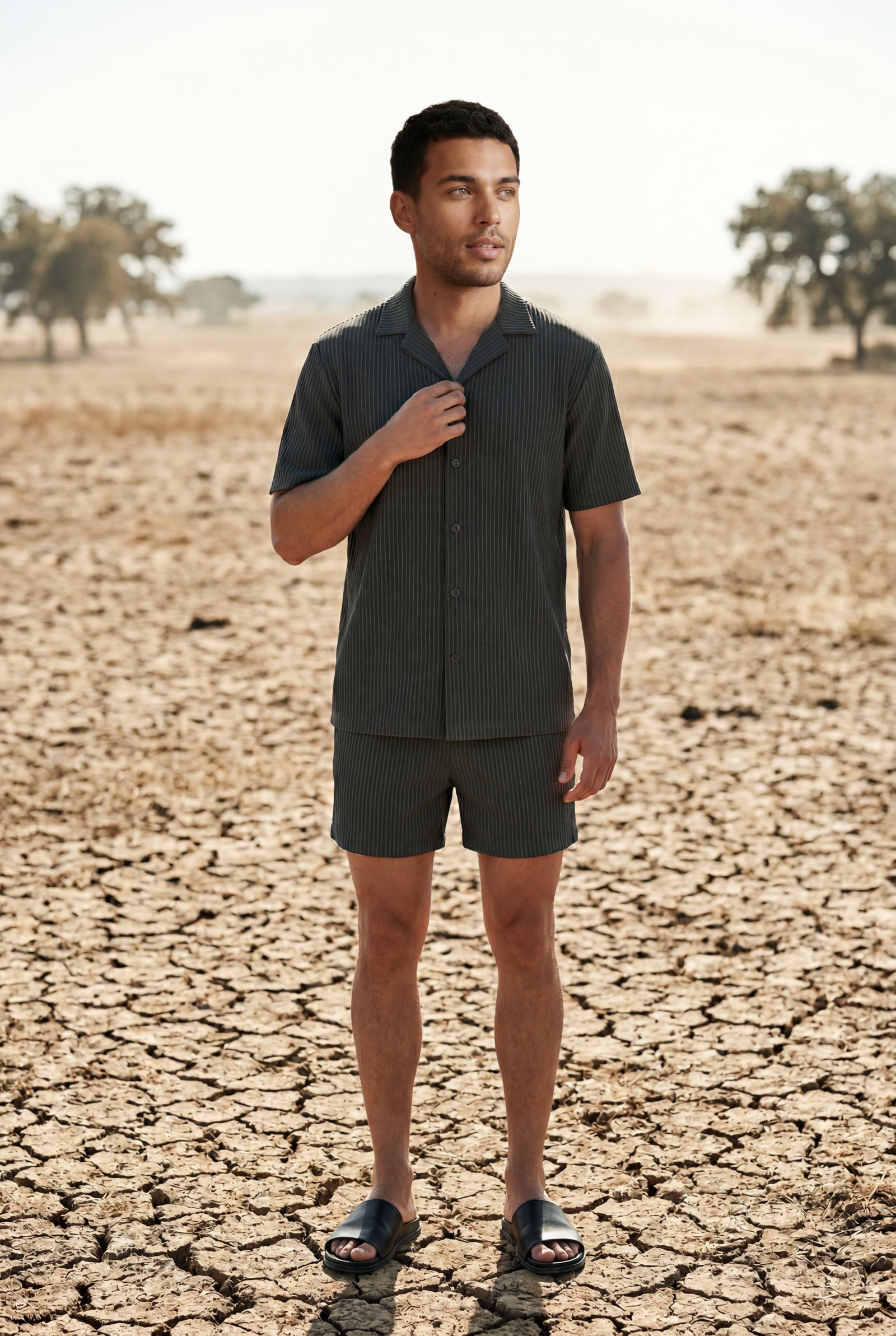 Dark Gray Ribbed Short Sleeve Shirt and Shorts Set - Two-piece outfit - Photo 13