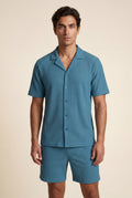 Blue Ribbed Short Sleeve Shirt and Shorts Set - Two-piece outfit - Photo 2