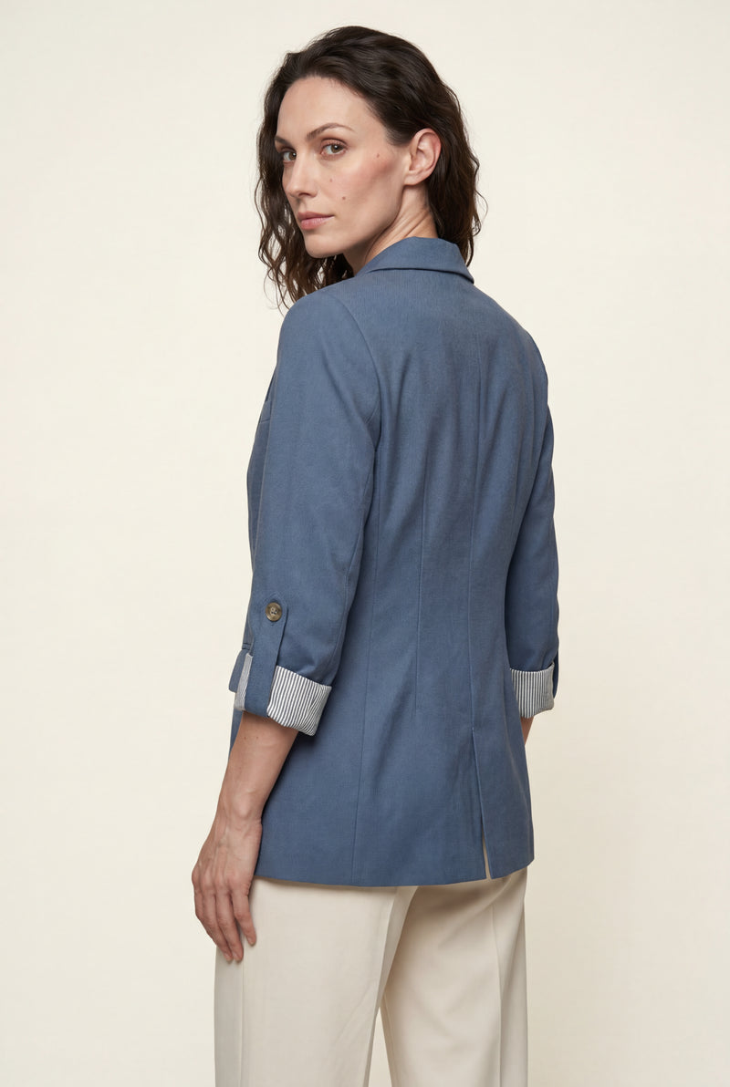 Blue Roll-tab Sleeve Single-breasted Relaxed Blazer - Blazers - Photo 3