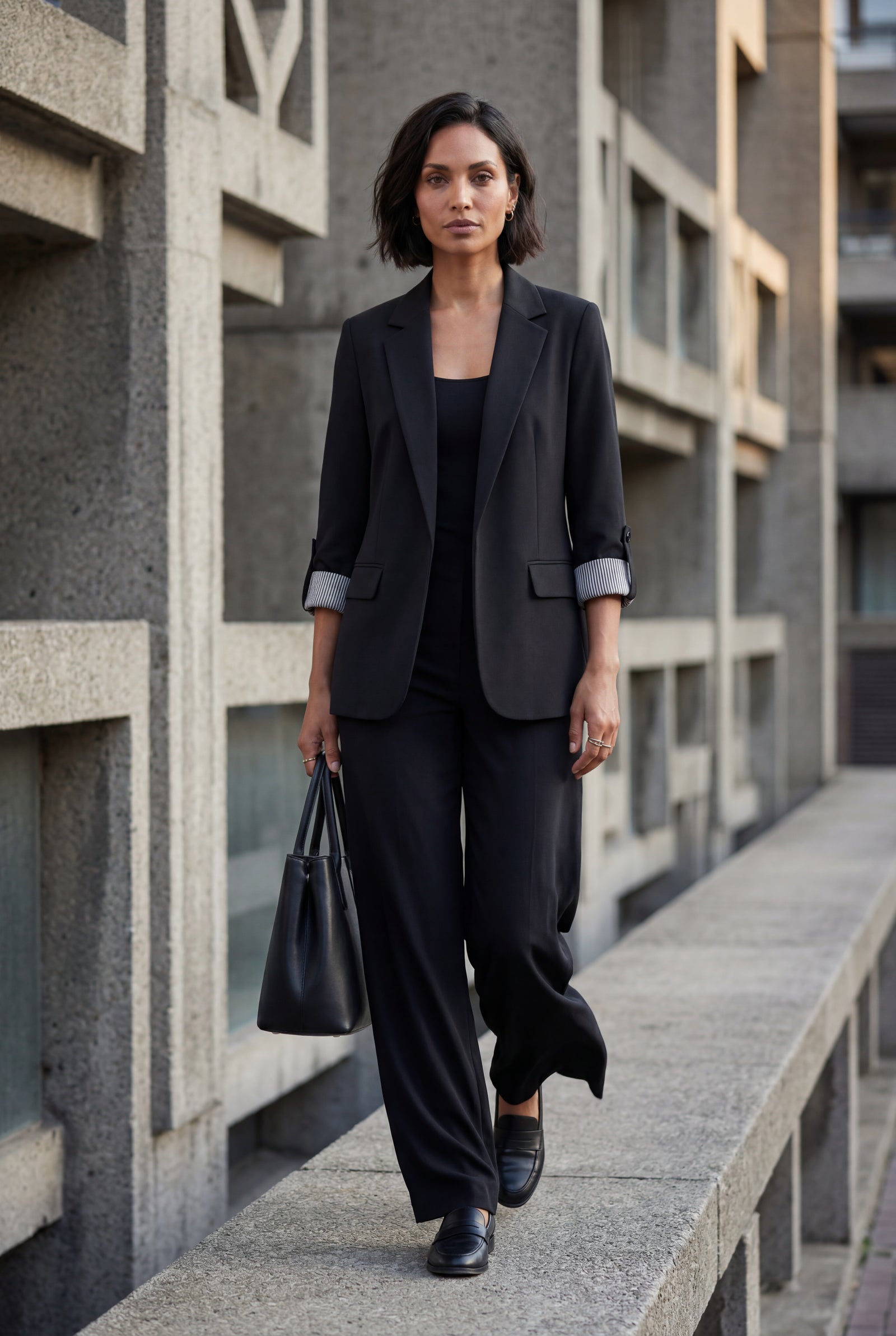 Black Roll-tab Sleeve Single-breasted Relaxed Blazer - Blazers - Photo 4