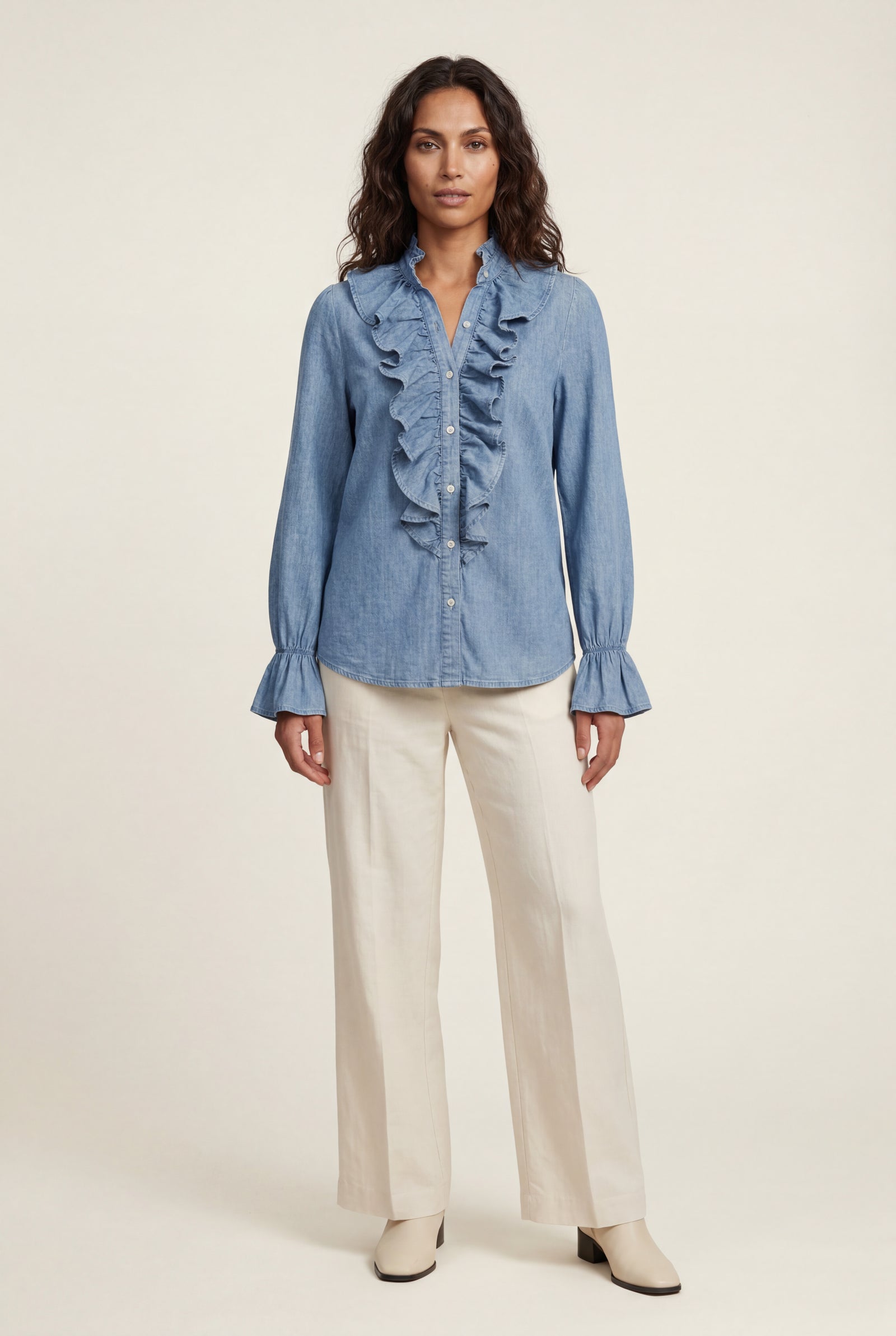 Blue Ruffled Pleated Blouse with Fluted Cuffs - Blouses - Photo 4