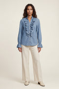 Blue Ruffled Pleated Blouse with Fluted Cuffs - Blouses - Photo 4
