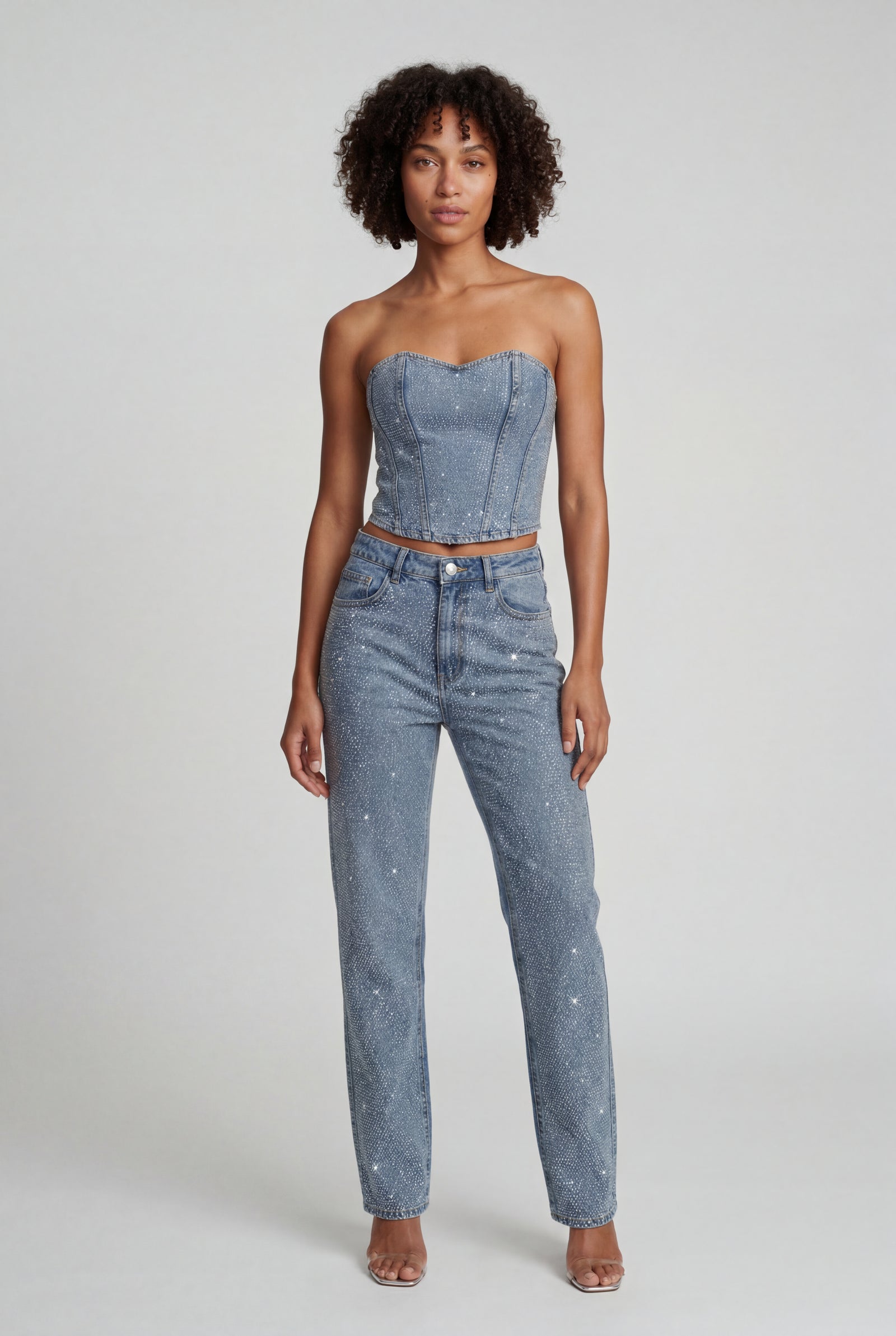 Blue Strapless Embellished Corset Jumpsuit with Straight Leg - Elegant jumpsuit - Photo 1