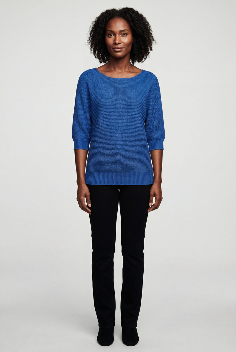 Blue Textured Relaxed Fit 3/4 Sleeve Knitted Sweater - Photo 1