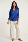 Blue V-neck Relaxed-fit Blouse with Curved Hem - Blouses - Photo 11