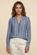 Blue Vertical Stripe Relaxed Button-front Blouse - Blouses - Photo 1