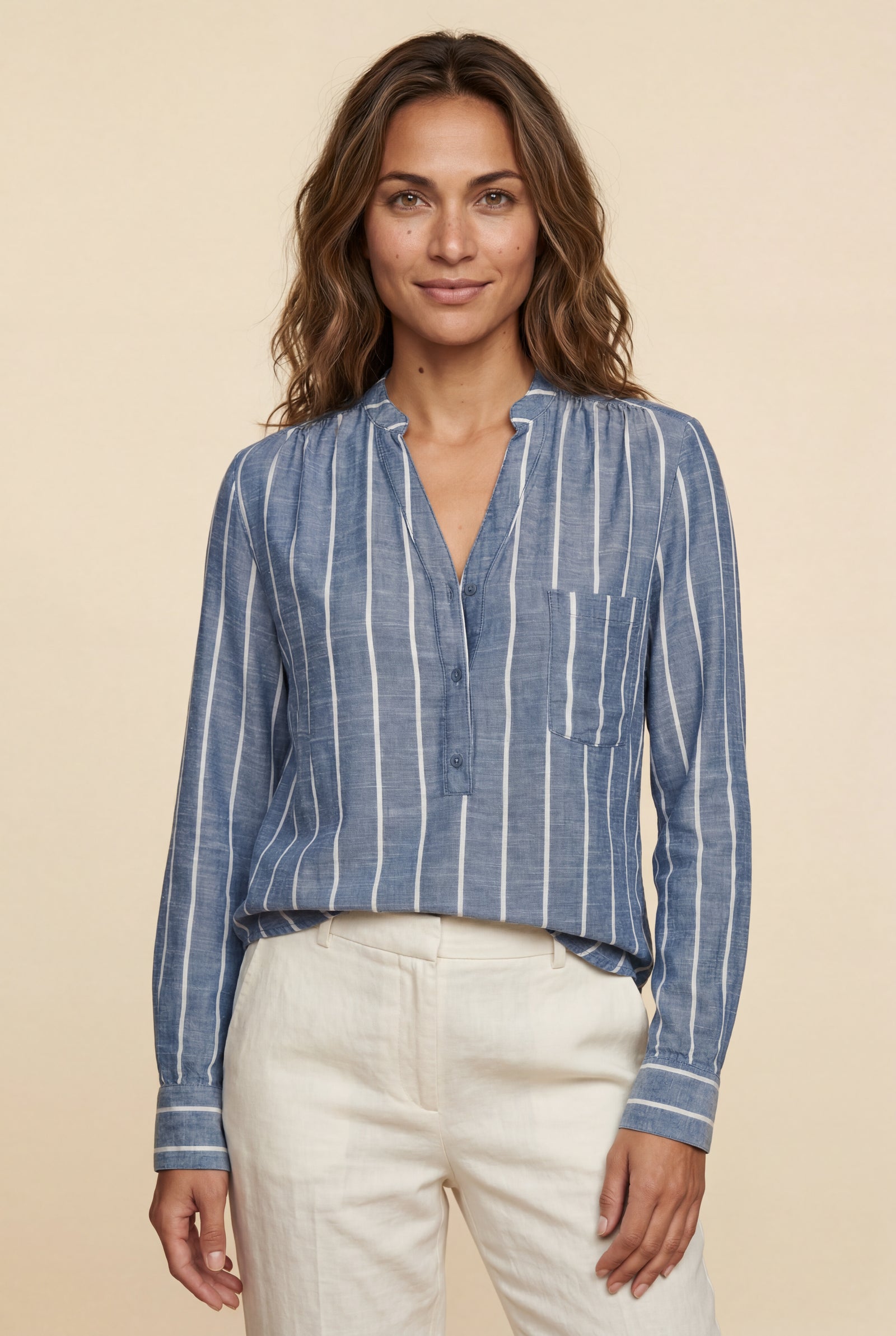 Blue Vertical Stripe Relaxed Button-front Blouse - Blouses - Photo 1