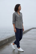 Gray Vertical Stripe Relaxed Button-front Blouse - Blouses - Photo 12