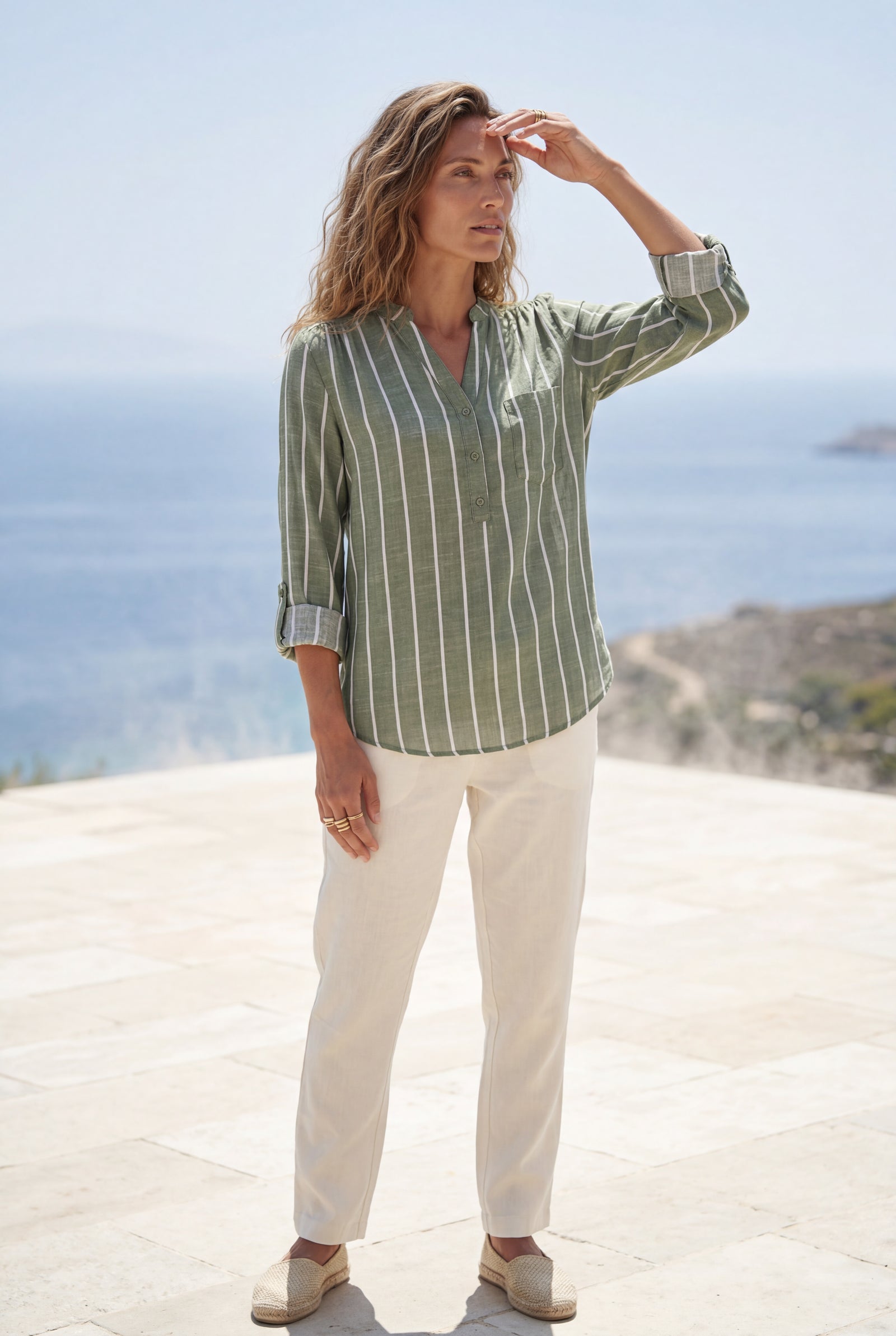 Green Vertical Stripe Relaxed Button-front Blouse - Blouses - Photo 13