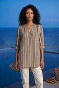 Brown Vertical Stripe Relaxed Button-front Blouse - Blouses - Photo 14