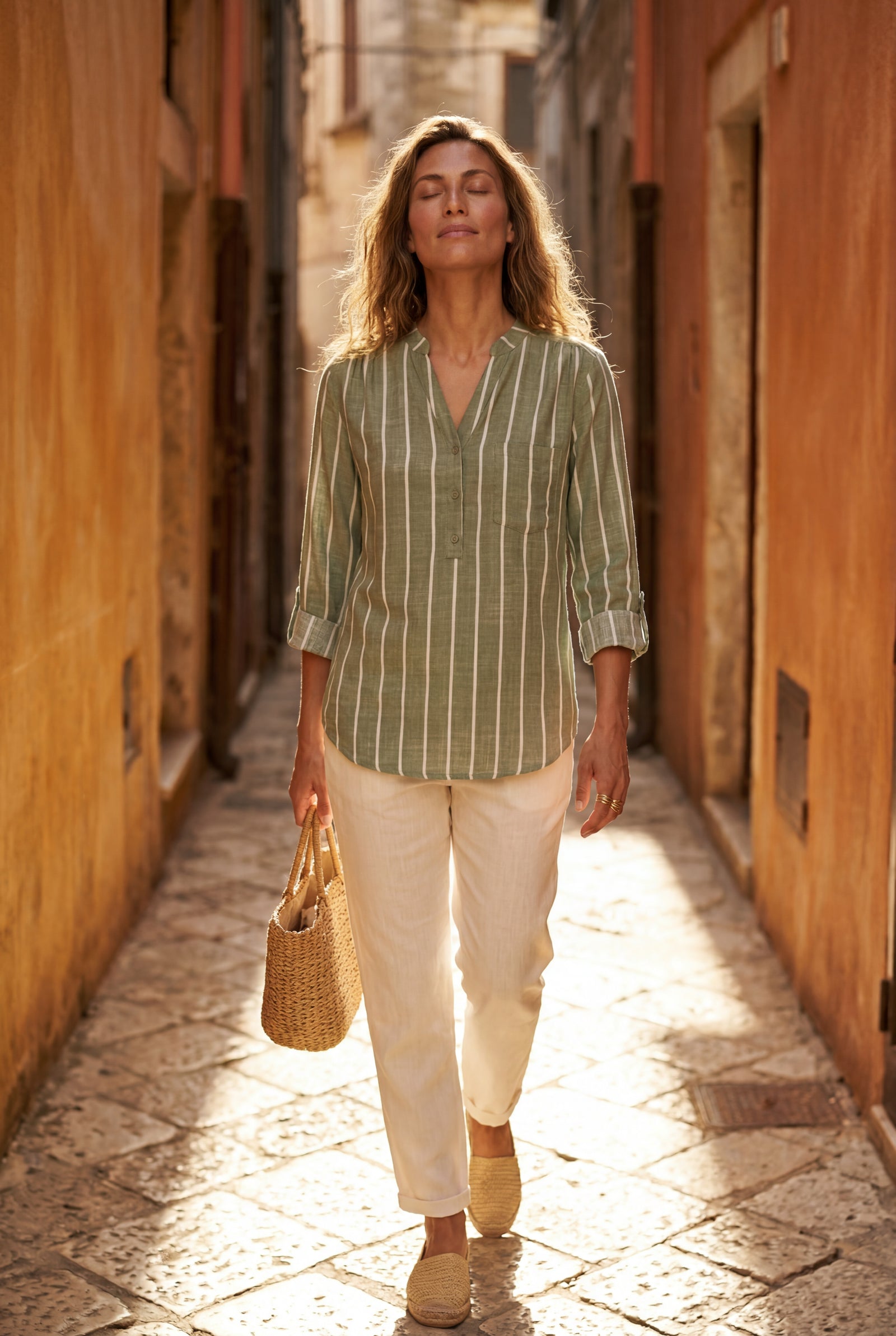 Green Vertical Stripe Relaxed Button-front Blouse - Blouses - Photo 15