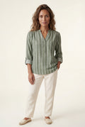 Green Vertical Stripe Relaxed Button-front Blouse - Blouses - Photo 6