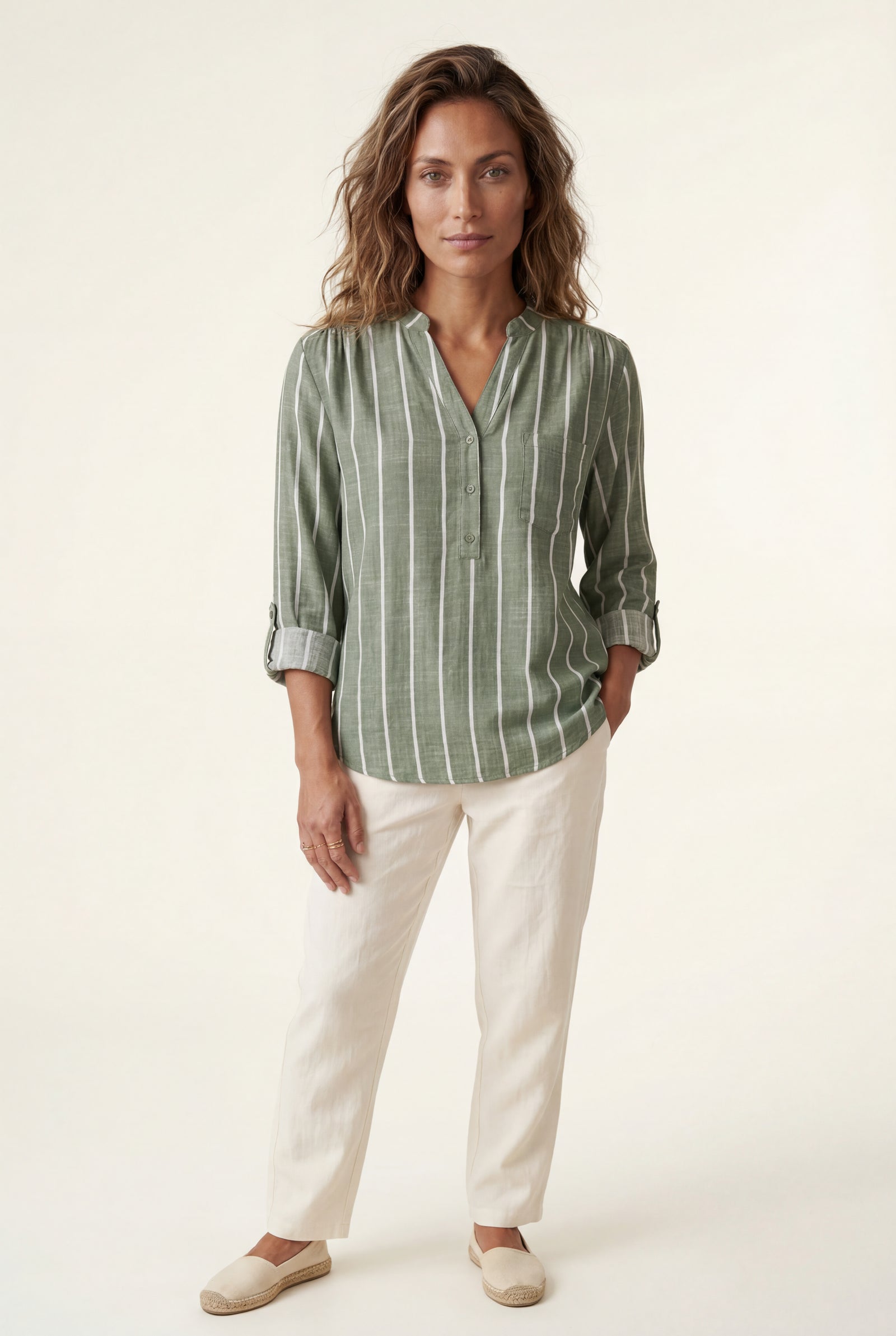 Green Vertical Stripe Relaxed Button-front Blouse - Blouses - Photo 6
