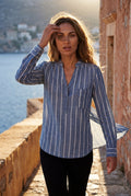 Blue Vertical Stripe Relaxed Button-front Blouse - Blouses - Photo 8