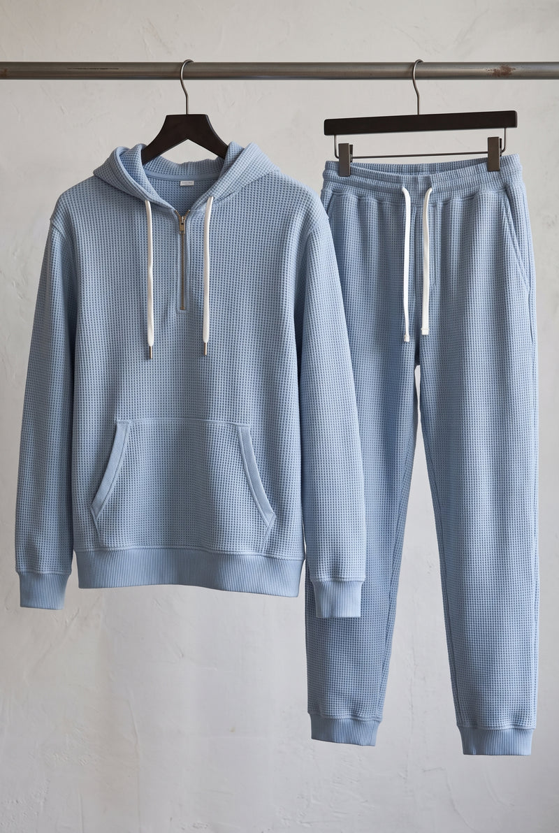 Waffle-Knit Hoodie Set in Blue — studio front