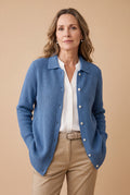 Women's Cardigan Longline Button-Front in Blue — studio full body