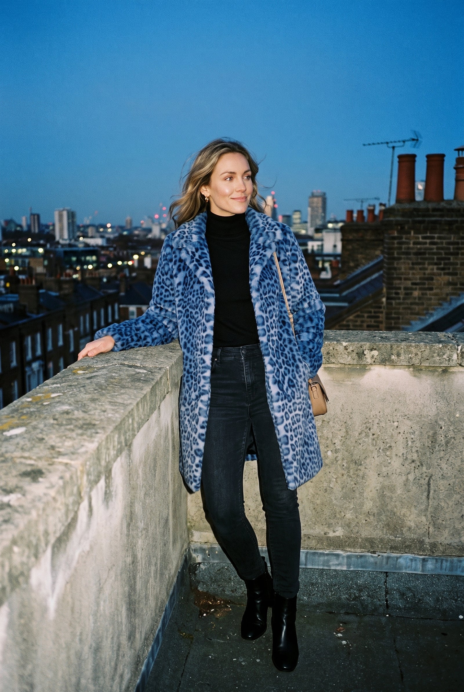 Women's Coat Leopard Print Slim Fit in Blue — rooftop evening