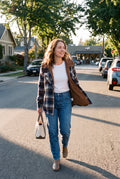 Women's Hooded Plaid Jacket in Blue — lifestyle 1