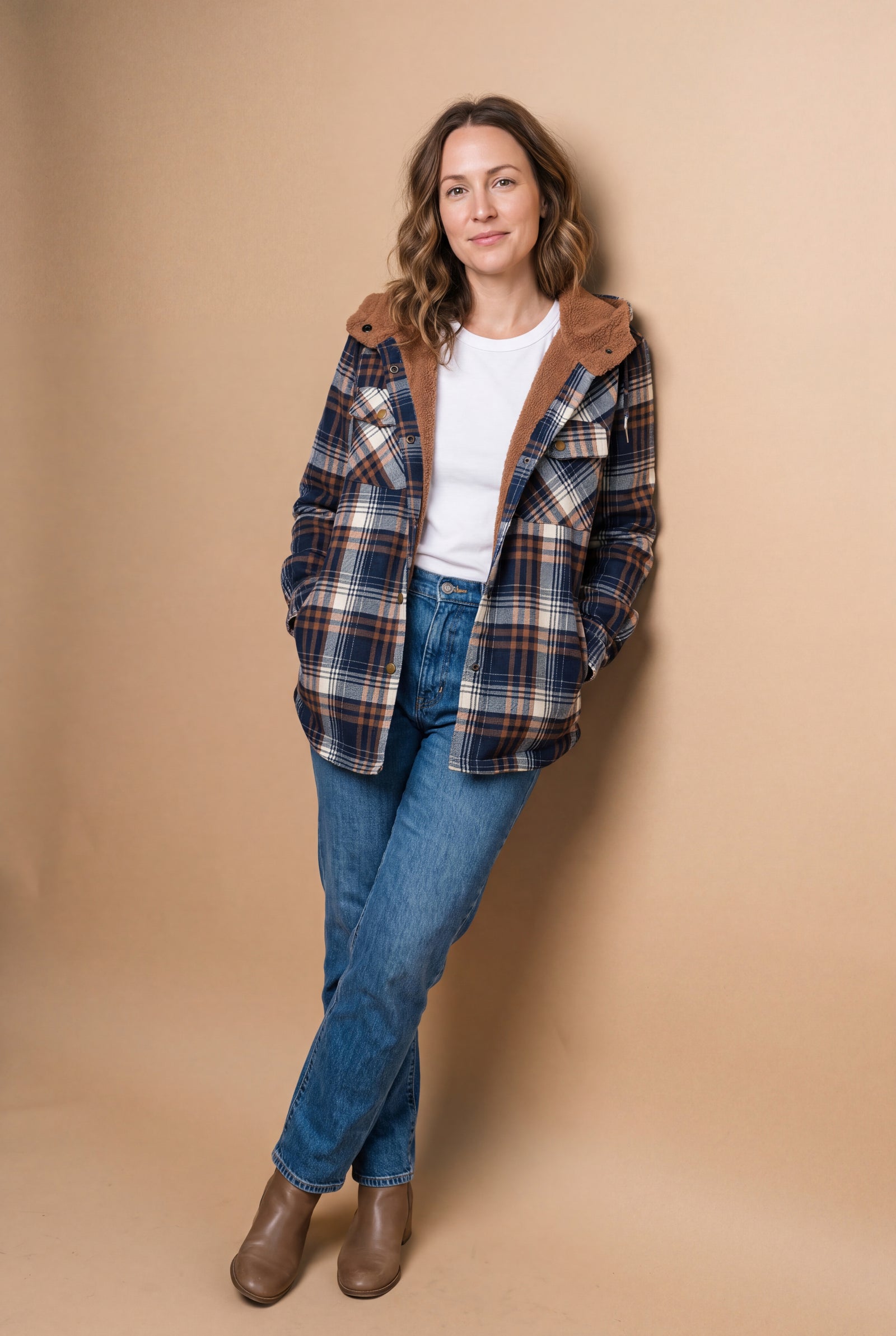 Women's Hooded Plaid Jacket in Blue — studio 1