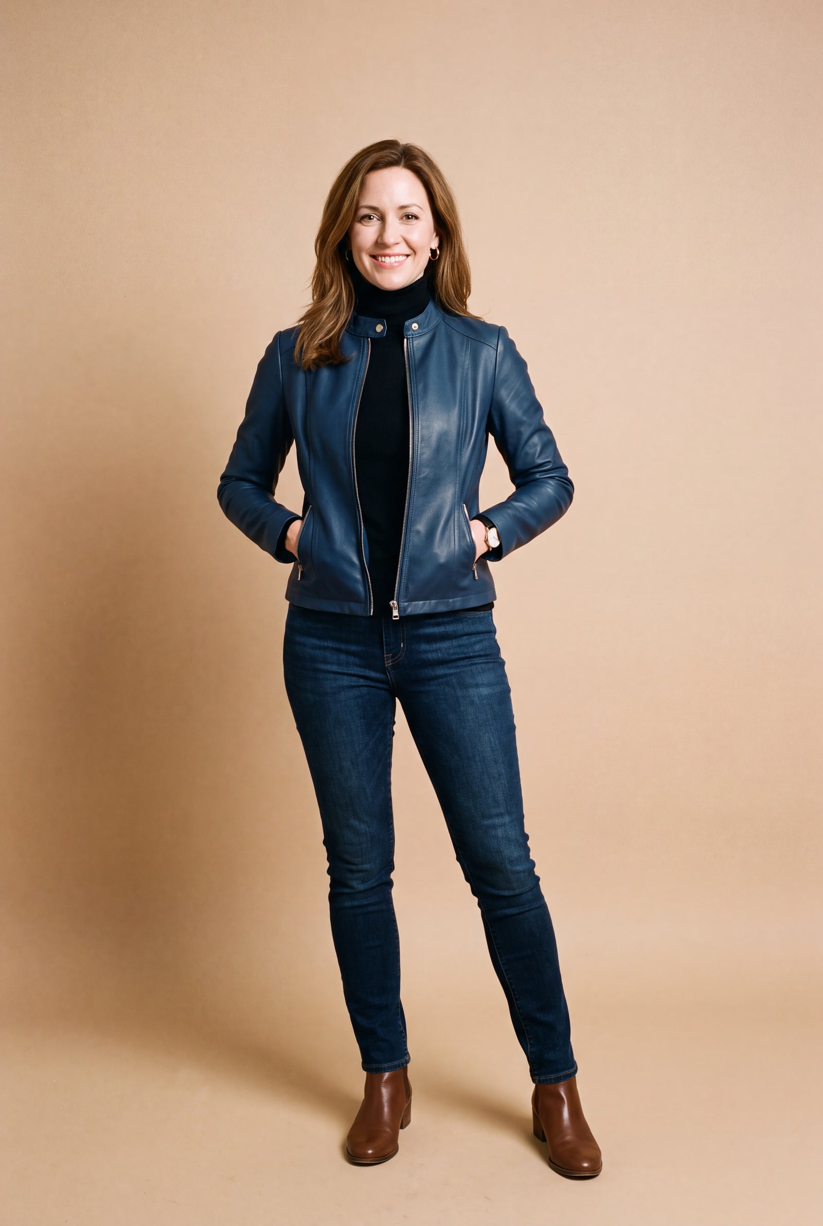 Women's Jacket Short Zip in Blue — studio full body