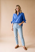 Women's Oversized Button-Up Shirt in Blue — studio full body