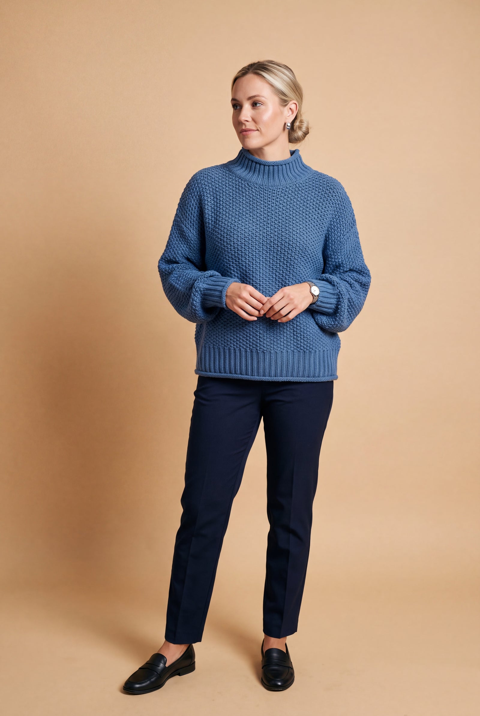 Women's Pullover High Collar in Blue — studio front