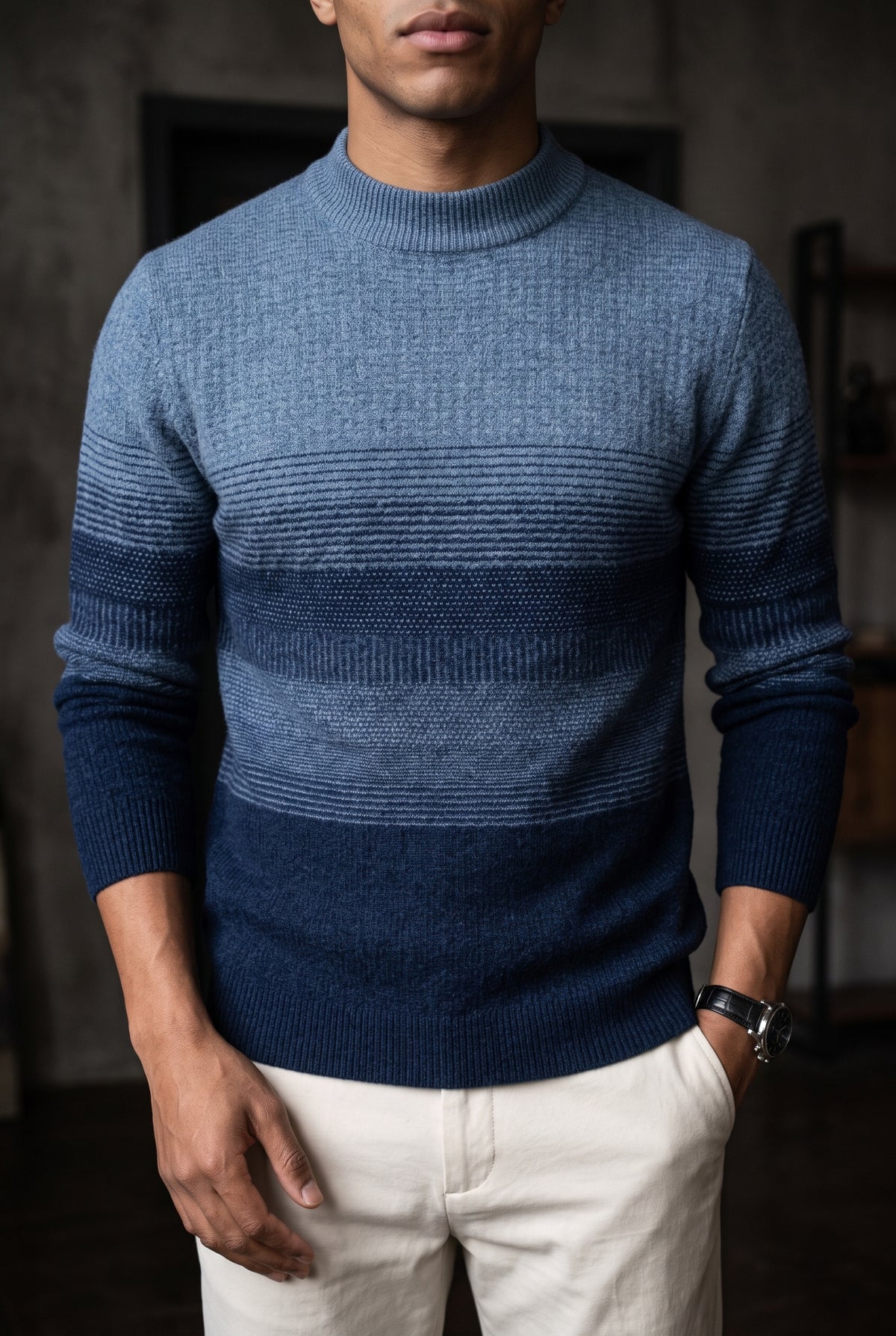 Wool Gradient Stripe Sweater in Blue — studio front