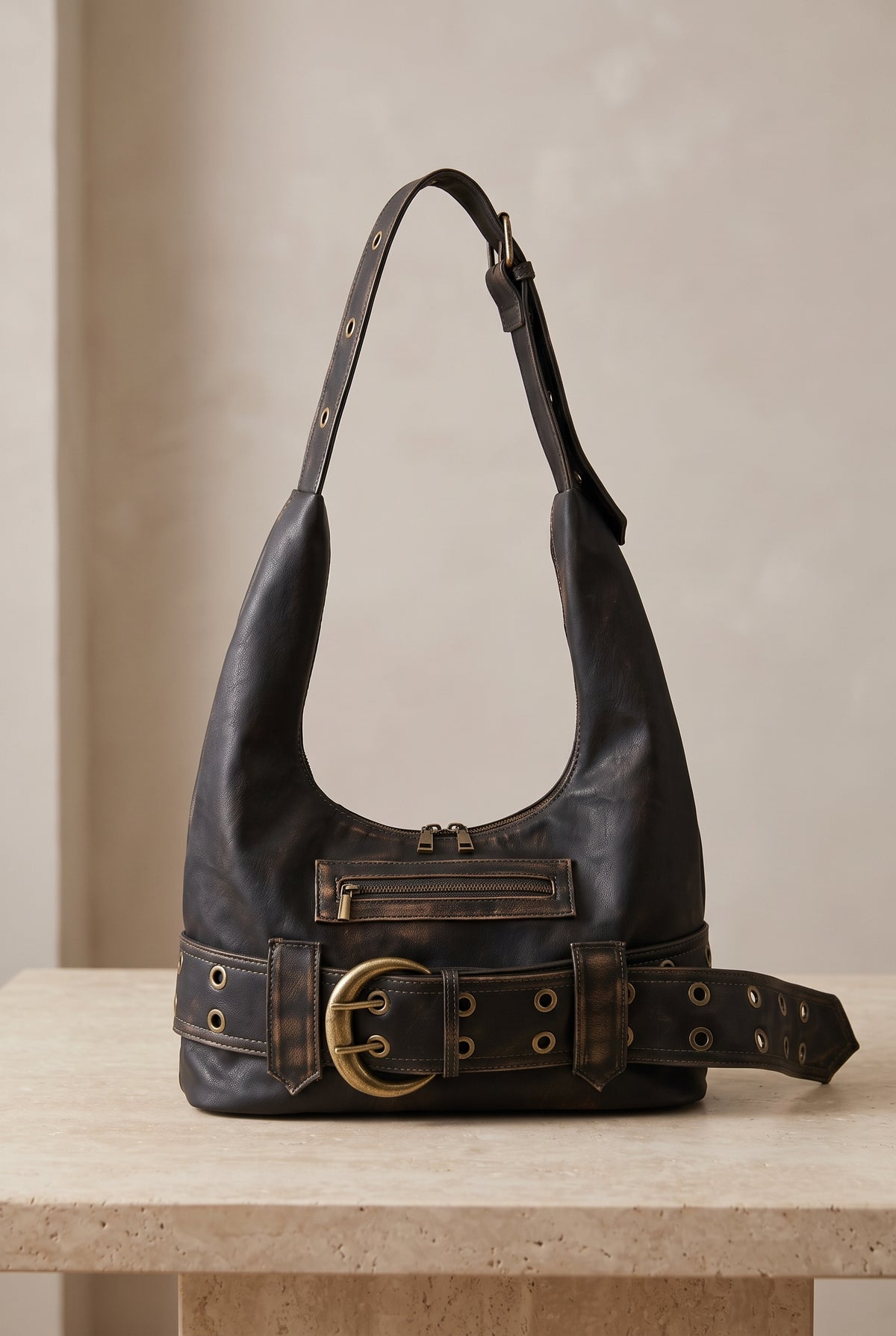 Convertible Hobo Bag in Bronze Black — studio front