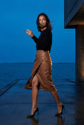 Brown Asymmetric Wrap Front Midi Pencil Skirt with Slit - Midi skirts - Photo 10