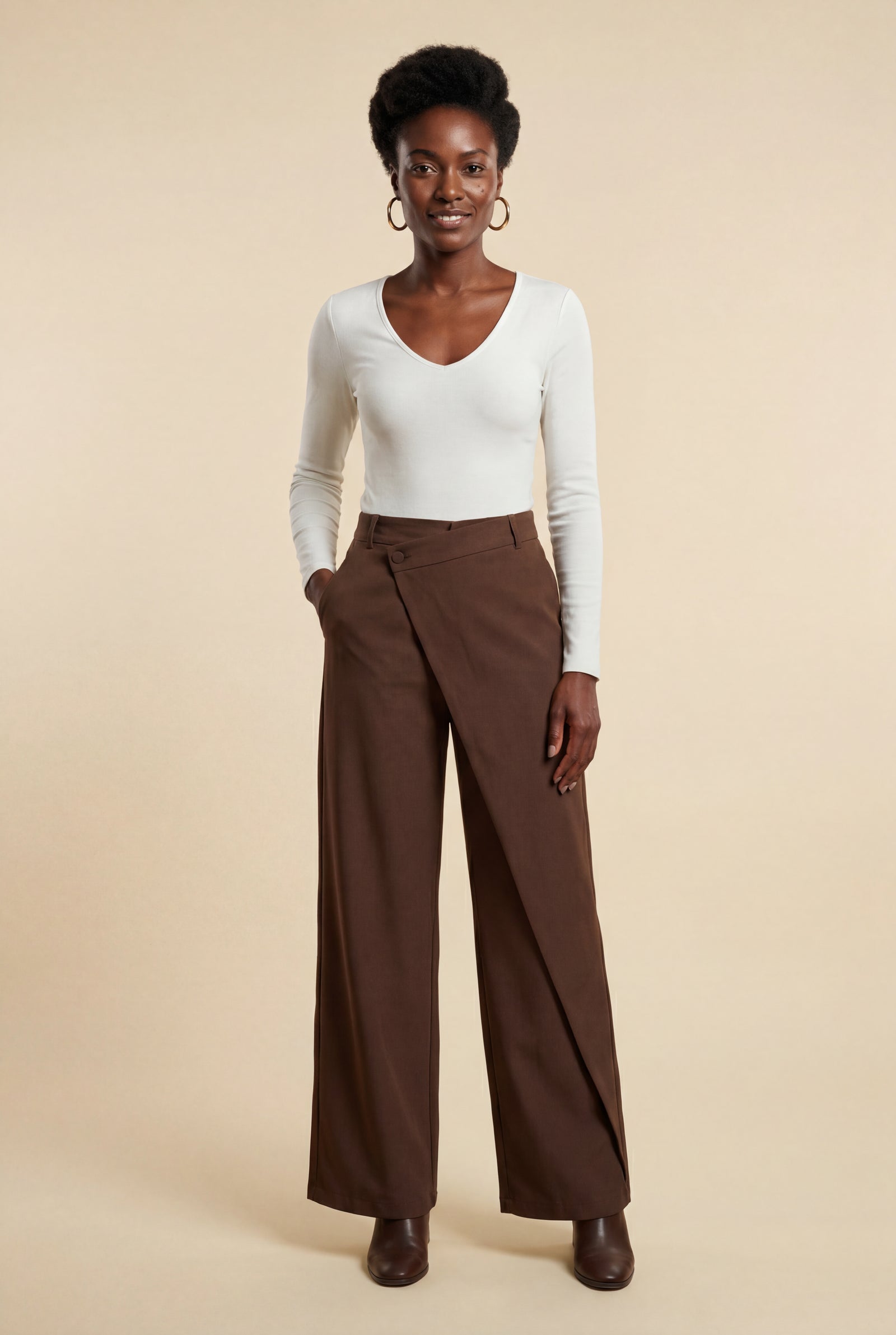 Brown Asymmetrical Wrap Front Wide Leg Trousers - Photo 2