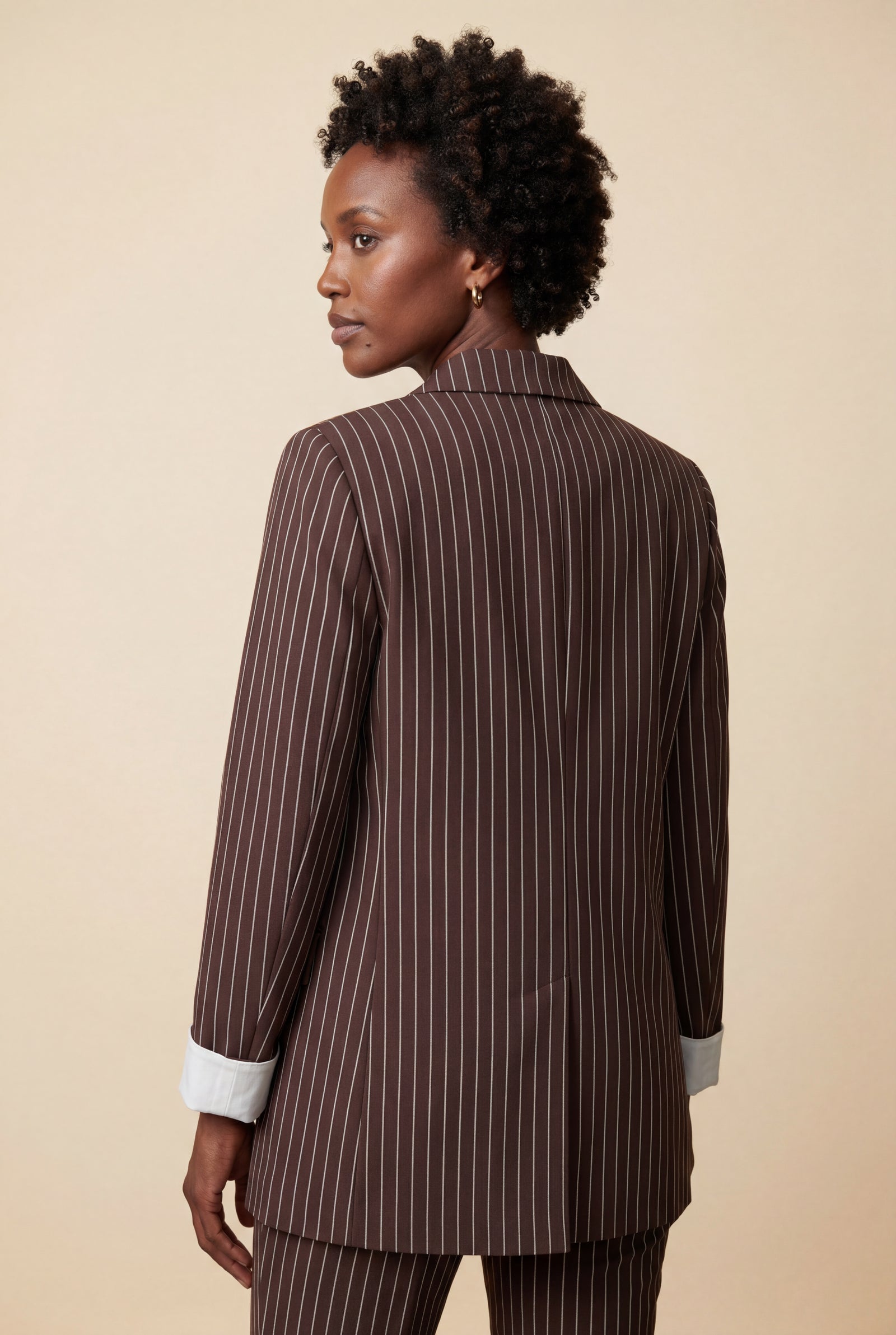 Brown Brown Pinstripe Single-breasted Blazer with Contrast Cuffs - Blazers - Photo 2