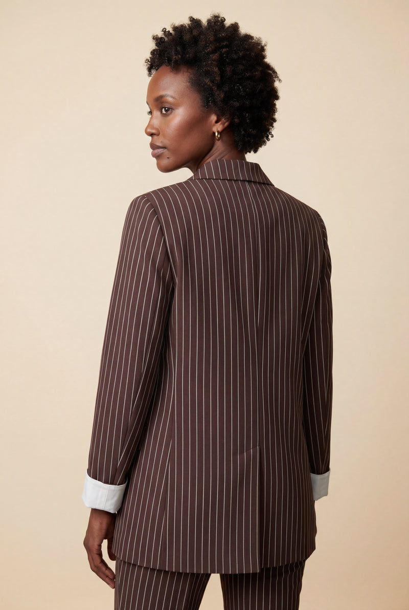 Brown Brown Pinstripe Single-breasted Blazer with Contrast Cuffs - Blazers - Photo 2