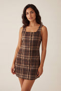 Brown Brown Plaid Button-front A-line Mini Dress - Photo 1