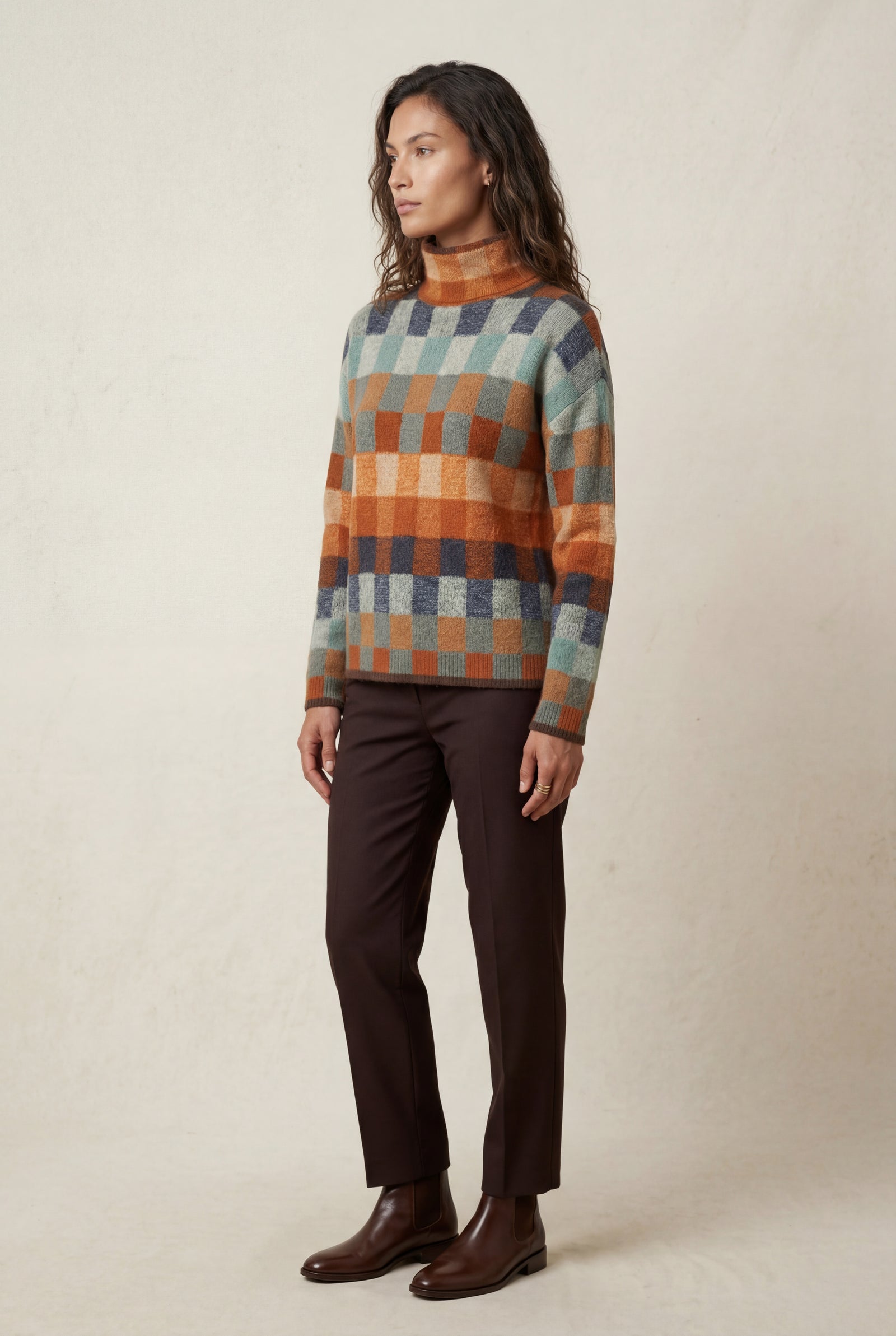 Brown Brown Plaid Checkered Turtleneck Sweater Relaxed Fit - Photo 2