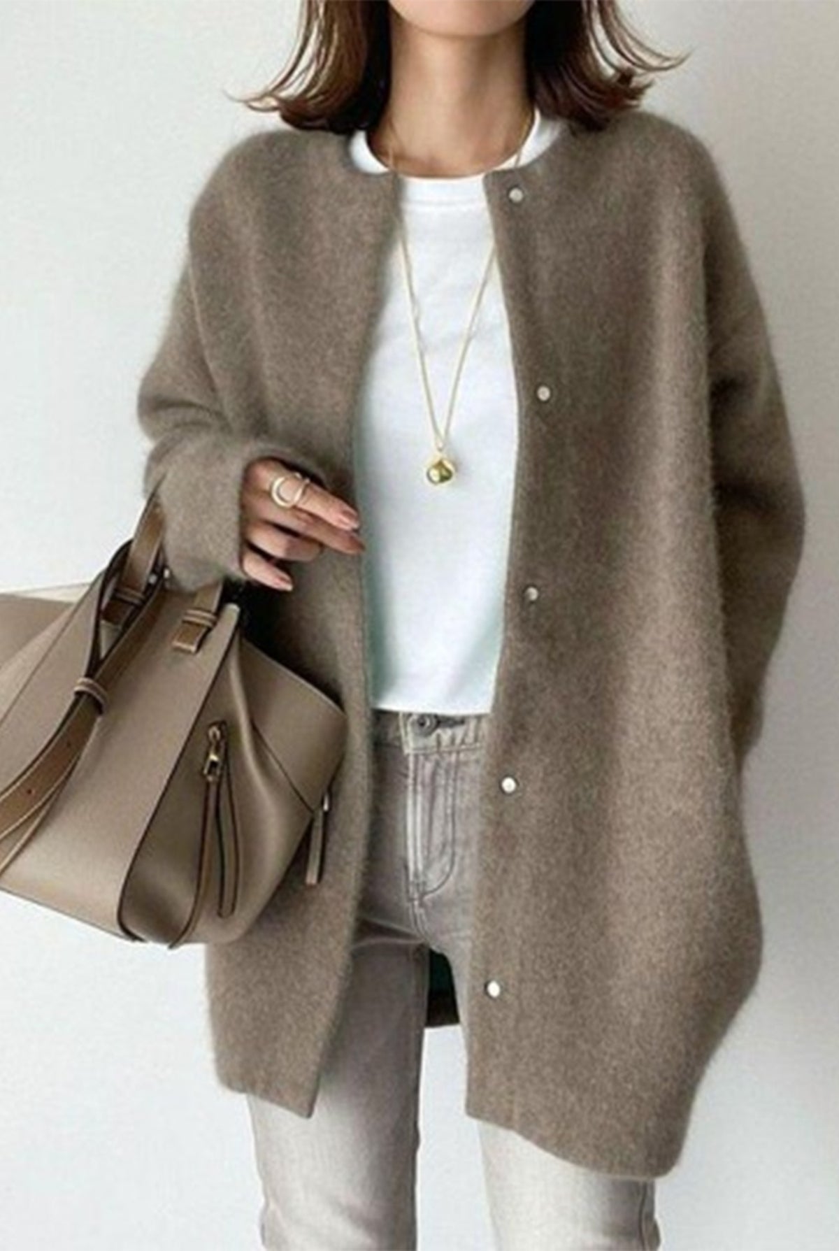 Cashmere Button-Front Cardigan in Brown — front view