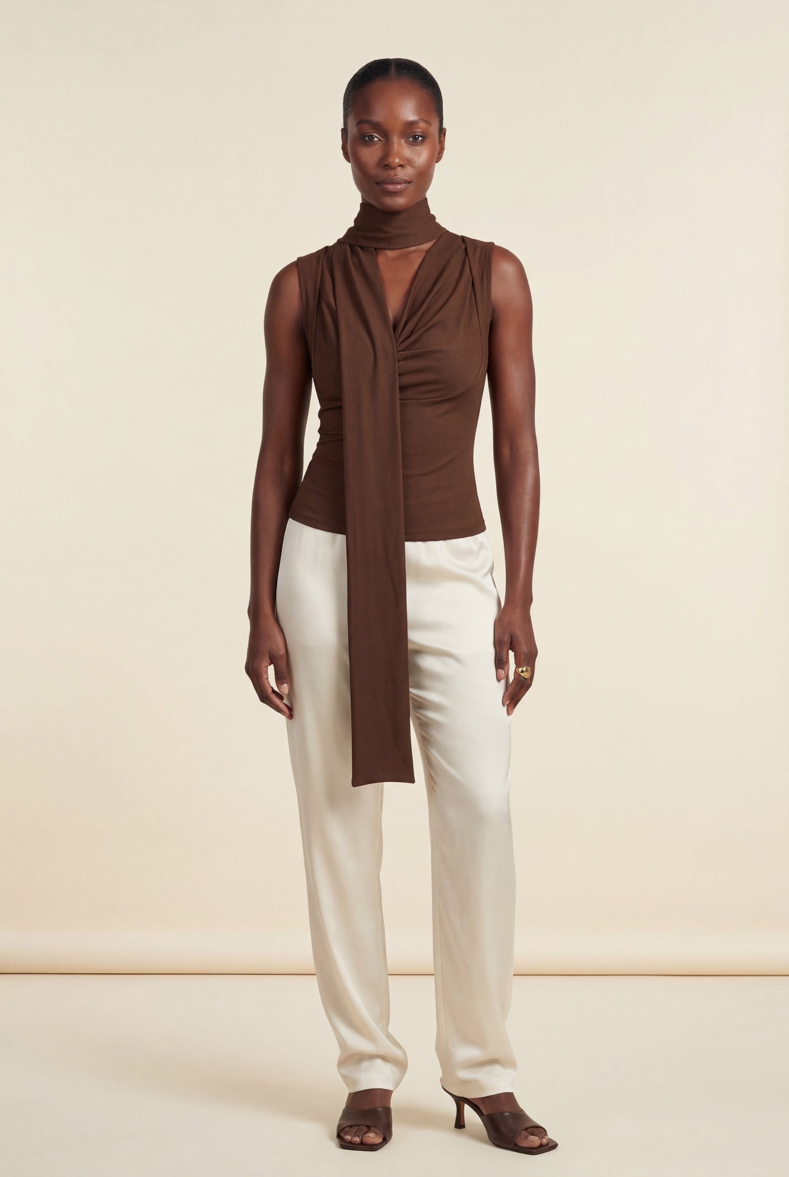 Brown Chocolate Brown Draped Cowl Neck Tank with Scarf Detail - Tank tops - Photo 1
